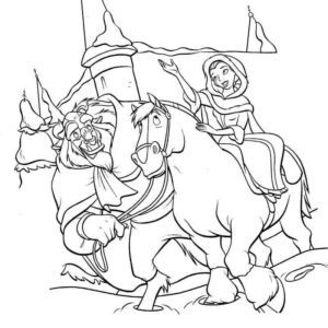 Бель катается на коне с чудовищем из мультика красавица и чудовище