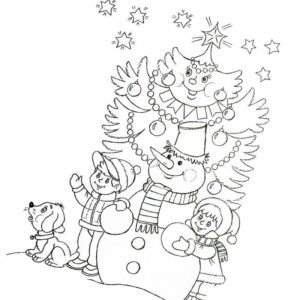 дети елка и снеговик новогодняя открытка