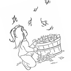 девочка собирает осенние листья в корзину