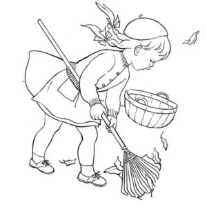 девочка убирает осенние листья