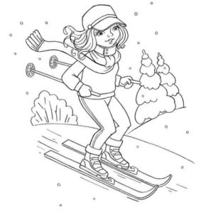 девочка в шарфе едет на лыжах