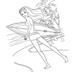 девушка с доской для серфинга среди пальм