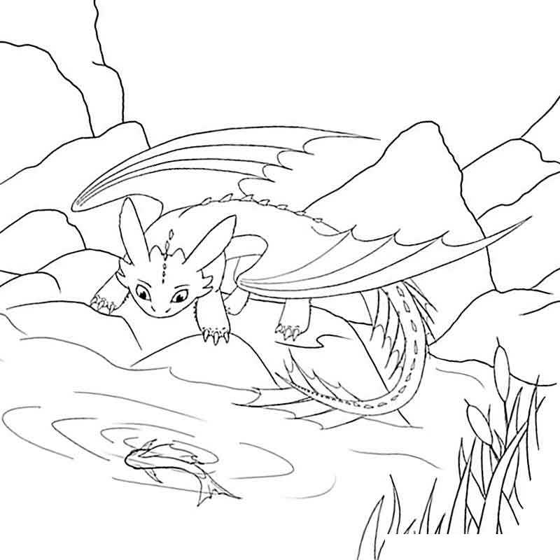 дракон Беззубик охотится на рыбу