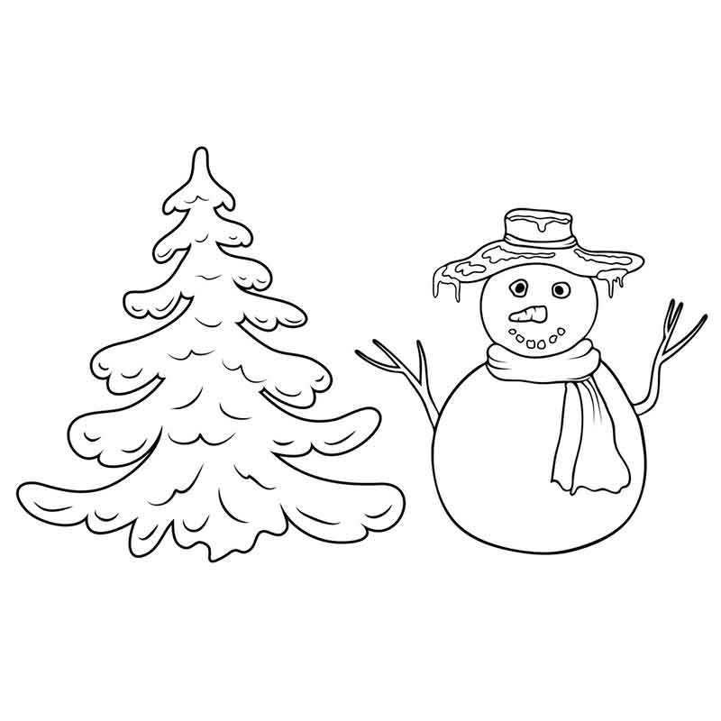 Раскраска Елка и снеговик - скачать и распечатать в формате А4