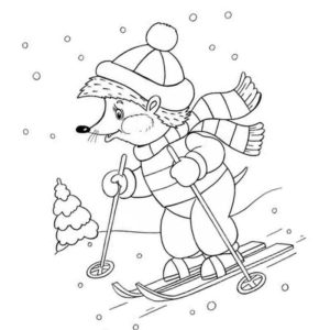 ежик едет на лыжах зимой