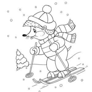 ежик в шарфе катается на лыжах