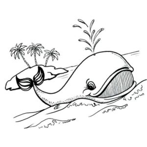 кит плывет возле острова с пальмами