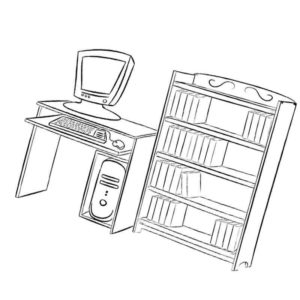книжный шкаф возле компьютерного стола
