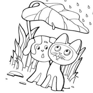 коьенок Гав и щенок прячутся от дождя
