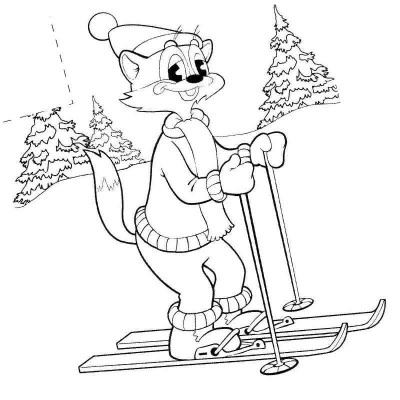 кот Леопольд катается на лыжах