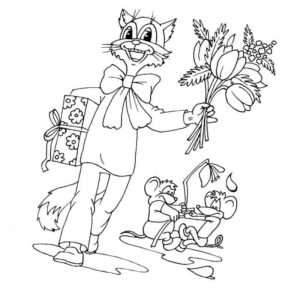 кот Леопольд с букетом цветов