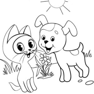 котенок Гав и щенок играют на полянке