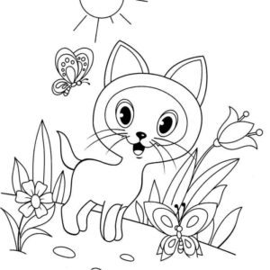 котенок Гав играет с бабочками