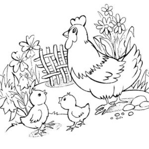 курица с цыплятами гуляют среди цветов