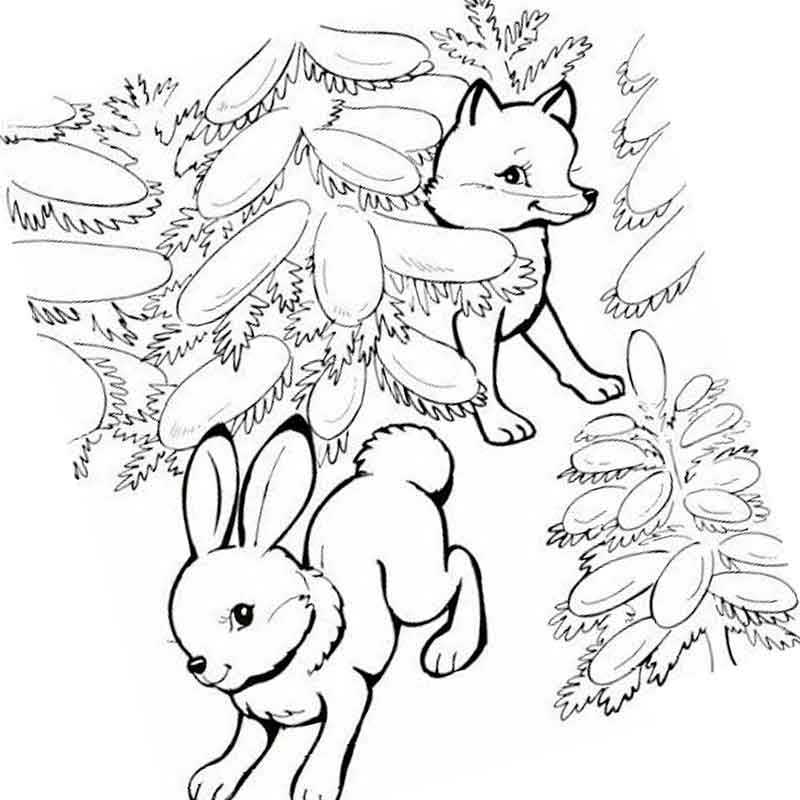 лиса и заяц в зимнем лесу