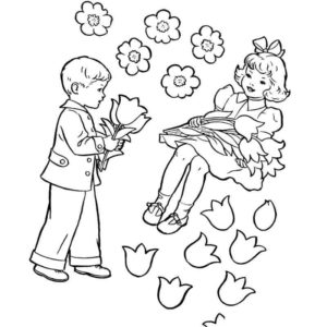 мальчик дарит девочке букет цветов