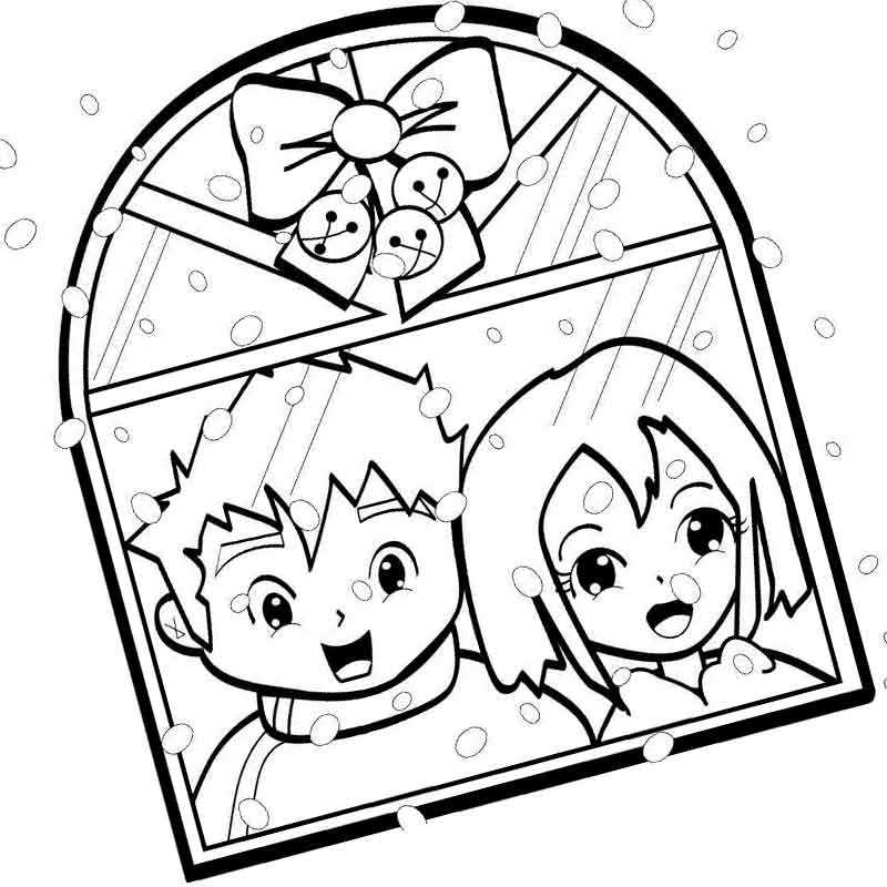 мальчик и девочка смотрят в зимнее окно