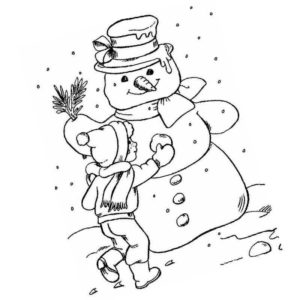 Зимняя раскраска. Дети лепят снеговика. Три шара, ведро, морковка – И выходит очень ловко!