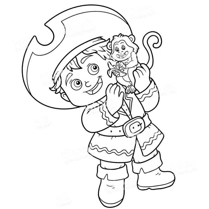 мальчик пират держит обезьянку с бананом