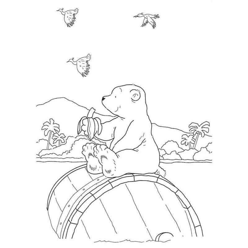 медвежонок плывет на бочке и ест банан