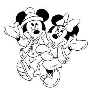 Микки и Минни Маус гуляют в зимней одежде