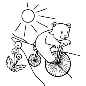 мишка на велосипеде едет мимо одуванчиком