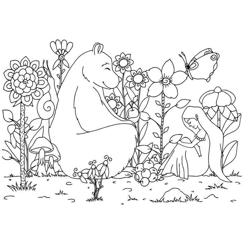 Раскраски: Дикие животные. Симпатичный бурый медведь смотрит на улей с медом в лесу.