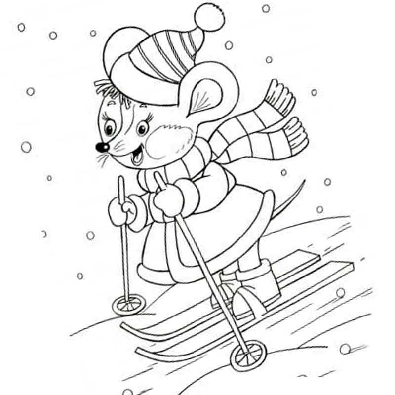 мышка в шарфе катается на лыжах