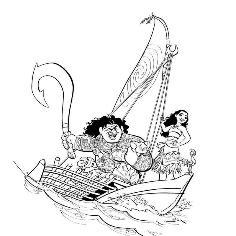 Моана и Мауи плывут на лодке