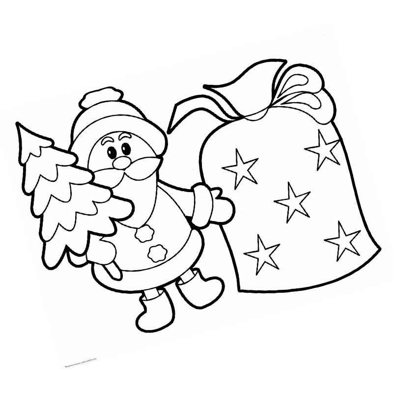 новогодняя открытка дед мороз мешок с подарками и елочка