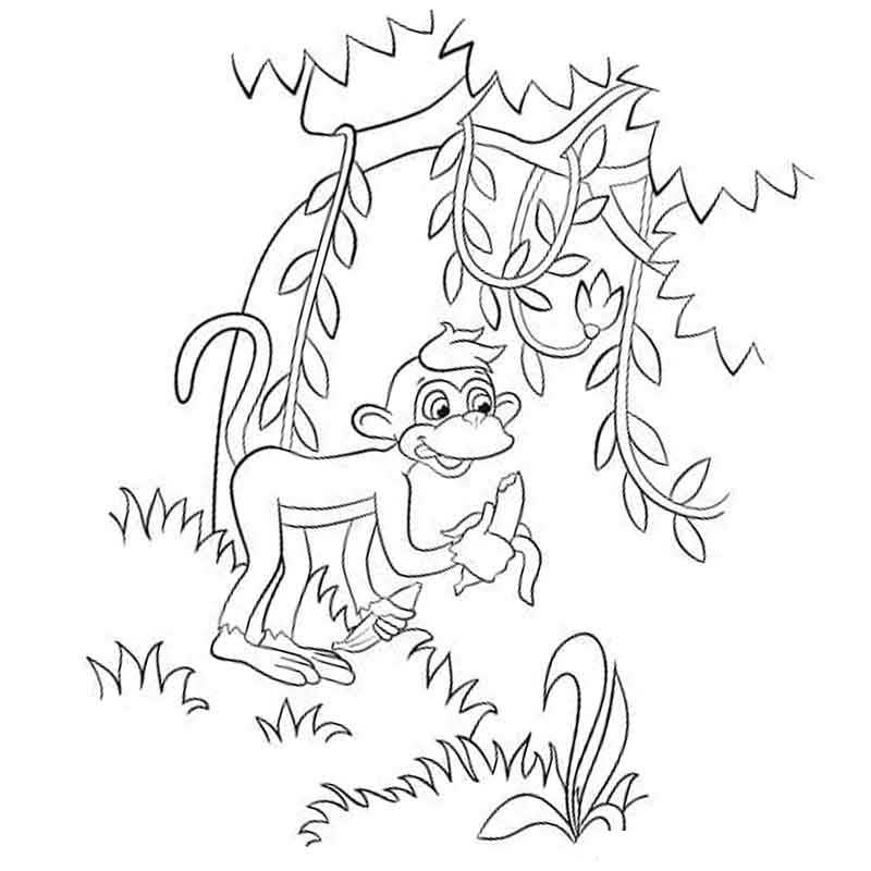 обезьяна под деревом ест банан