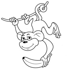 обезьянка весит на ветке и держит банан