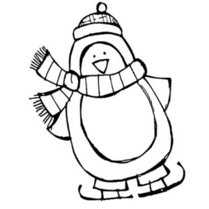 пингвин в шарфе катается на коньках