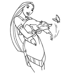 Покахонтас держит на руках енота Мико