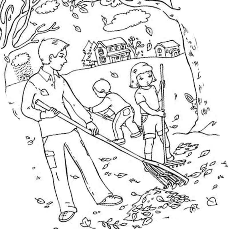 ребята убирают осенние листья