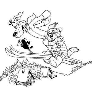 Шарик и Матроскин катаются в Простоквашино на лыжах