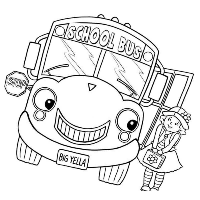 Автобус и девочка — раскраска для детей. Распечатать бесплатно.