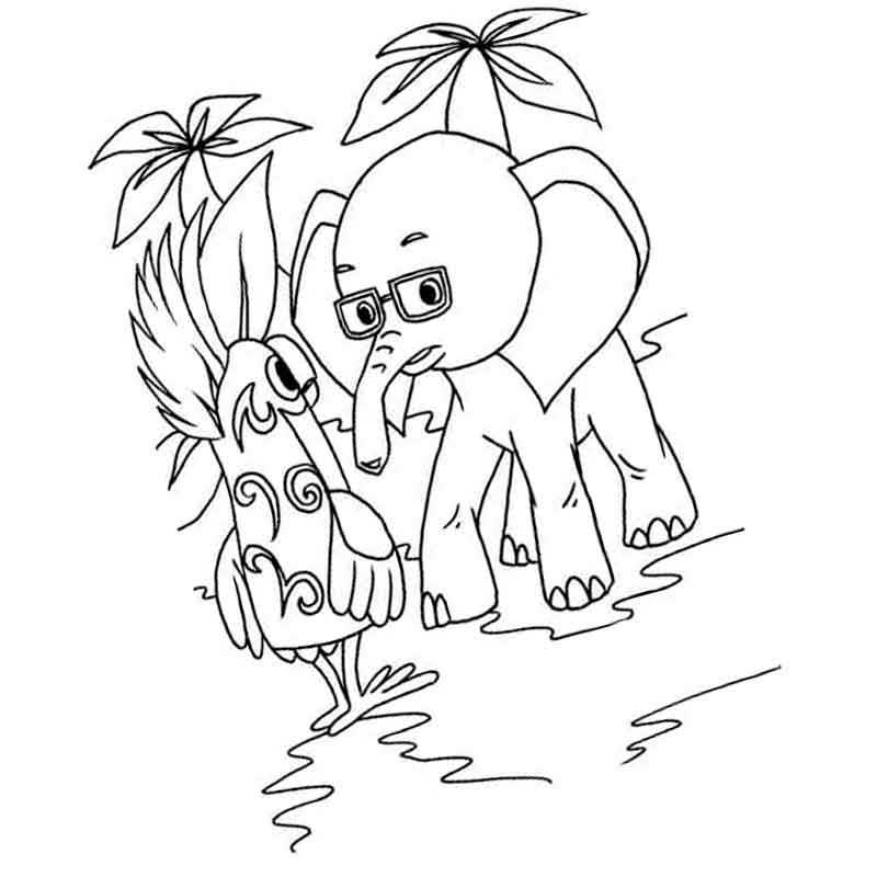 слоненок и попугай возле пальм