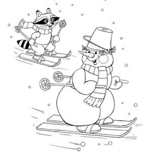 снеговик и енот едут на лыжах