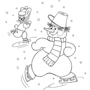 снеговик и заяц катаются на коньках