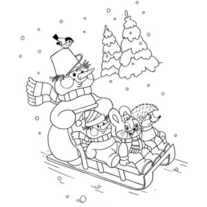 снеговик и зверята на санках зимняя сказка