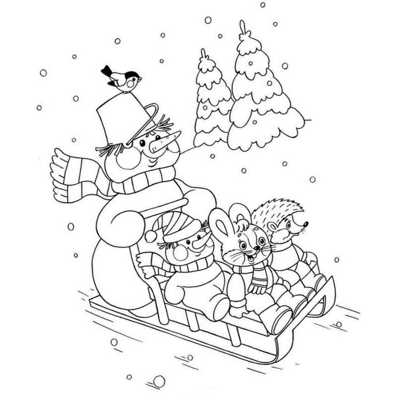 снеговик и зверята на санках зимняя сказка