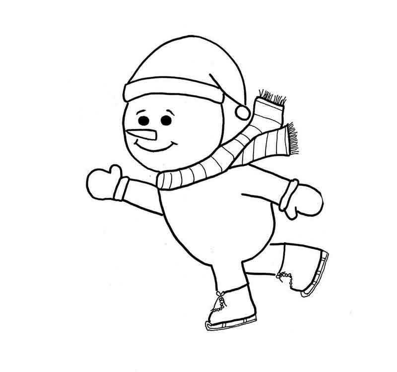 снеговик на коньках в шапке и в шарфе