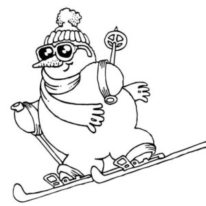 снеговик в шарфе едет на лыжах