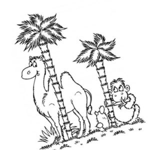 верблюд и обезьяна под пальмами
