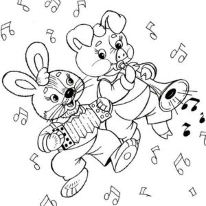 заяц и поросенок играют на музыкальных инструментах