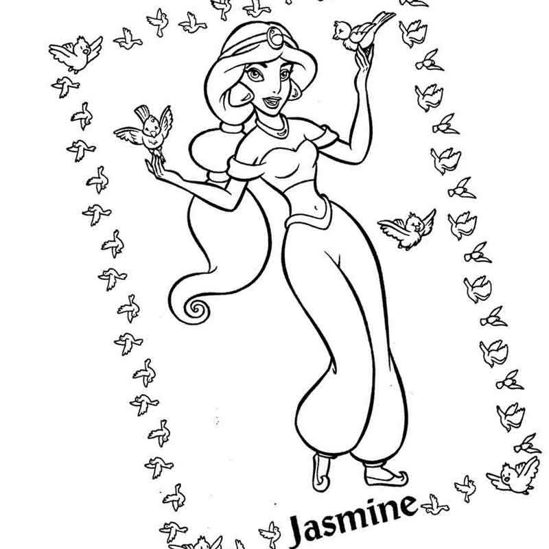 Раскраска Принцесса Жасмин с цветами распечатать беслатно