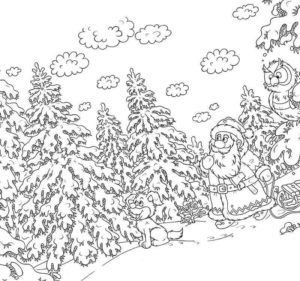зимний лес и дед мороз с санями
