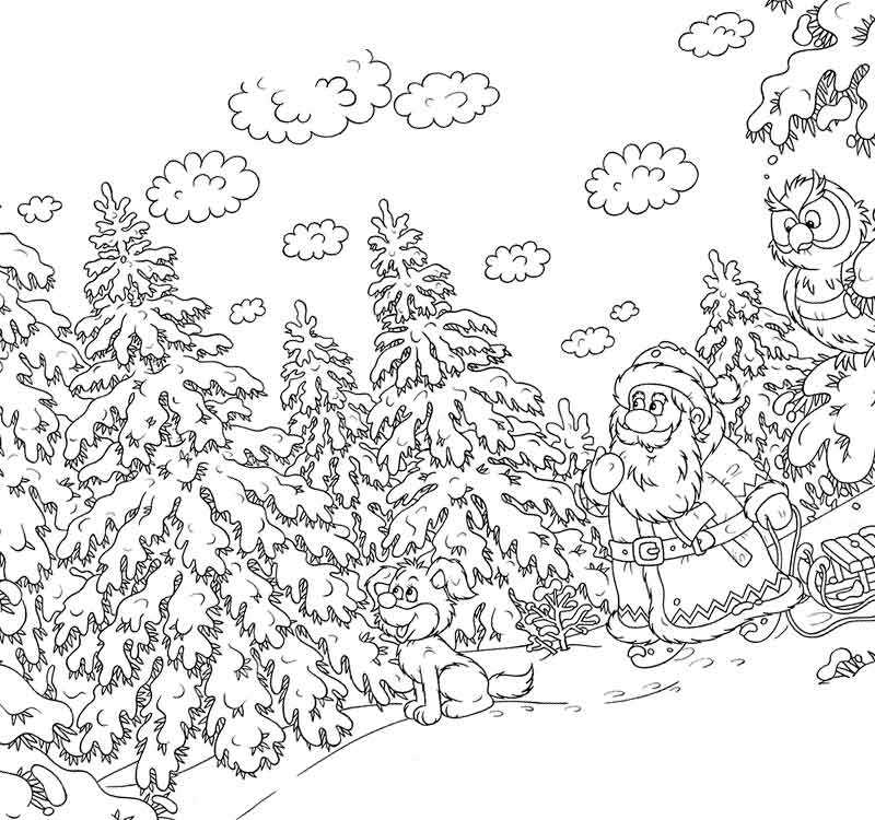 зимний лес и дед мороз с санями