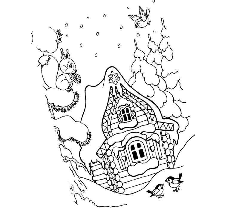зимний лес и деревянный дом